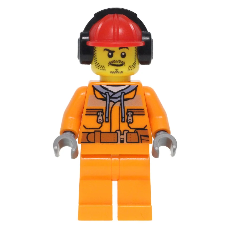 Construction Worker, Safety Jacket over Hoodie with Belt, Orange Legs, Red Hard Hat with Ear Defenders, Stubble