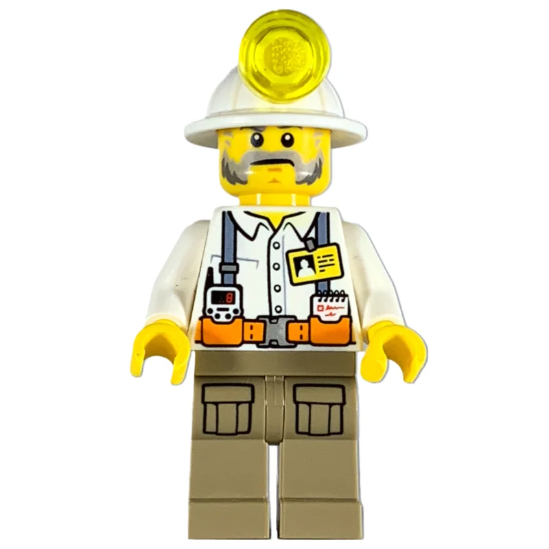 Miner, White Shirt with Straps and ID Badge, White Mining Hat, Mutton Chops and Moustache