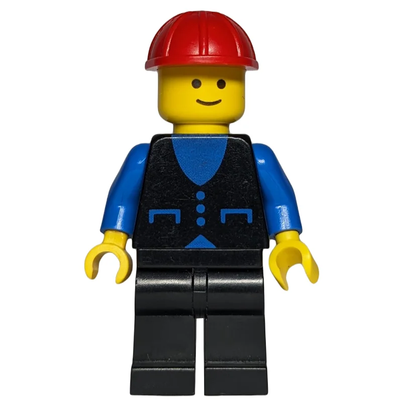 Man, Black Vest over Blue Shirt, Black Legs, Red Hard Hat
