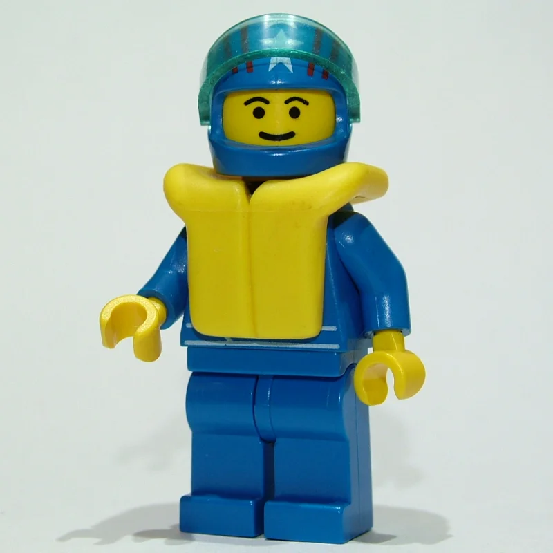 Racer, Blue Jacket with Octan Logo, Blue Legs, Blue Helmet with Stars and Visor, Yellow Life Vest