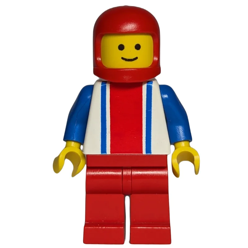 Man, White Top with Large Red Stripe and 2 Blue Stripes, Red Legs, Red Helmet