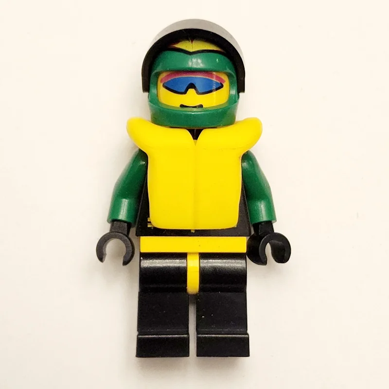 Racer, Extreme Team, Black Jacket, Black Legs, Green Helmet with Visor, Yellow Life Vest, Blue Sunglasses