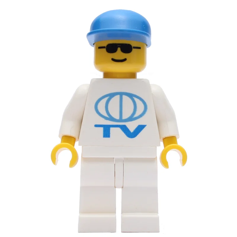 Man, White Shirt with TV Logo, Blue Cap, Sunglasses