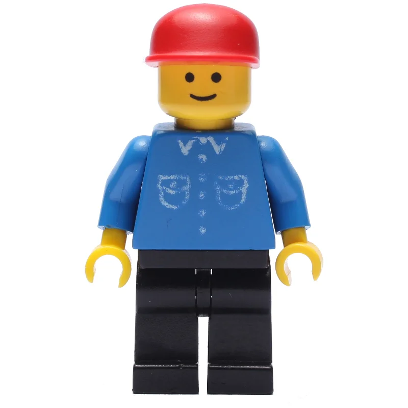 Man, Blue Shirt with Buttons and Pockets, Black Legs, Red Cap