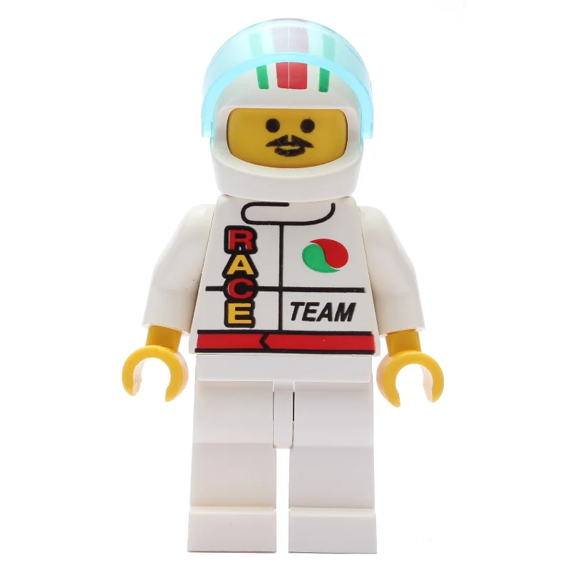 Racer, White Jacket with Octan Logo and 'RACE' and 'TEAM', White Helmet with Stripes and Visor, Moustache