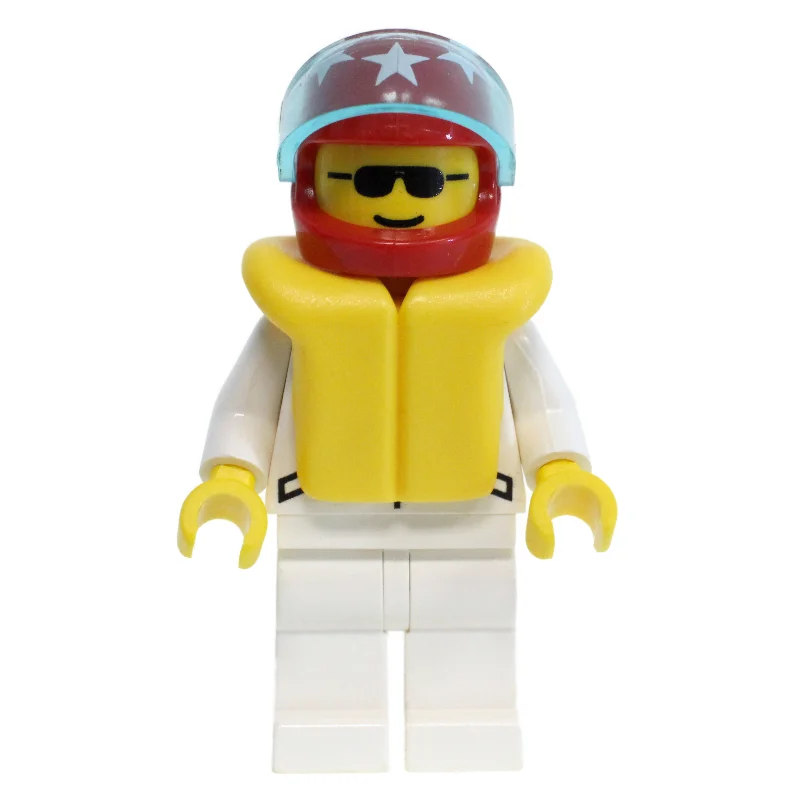 Racer, White Jacket with 2 Stars, Red Helmet with Stars and Visor, Yellow Life Vest, Sunglasses