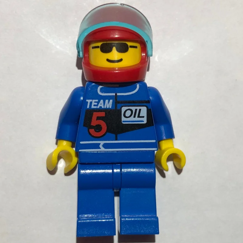 Racer, Blue Jacket with 'TEAM 5', Red Helmet with Visor, Sunglasses