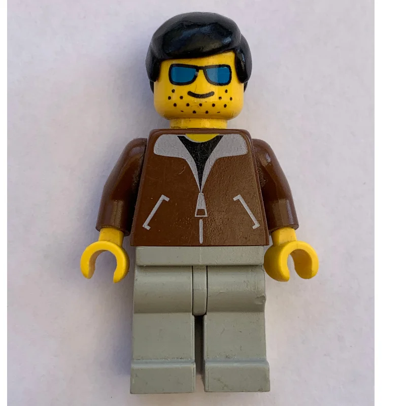 Man, Brown Jacket, Light Gray Legs, Black Hair, Blue Sunglasses