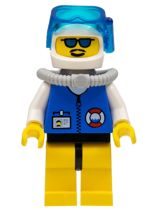 Coast Guard Diver, Blue Jacket with Zipper and ID Badge. White Helmet with Mask, Blue Sunglasses