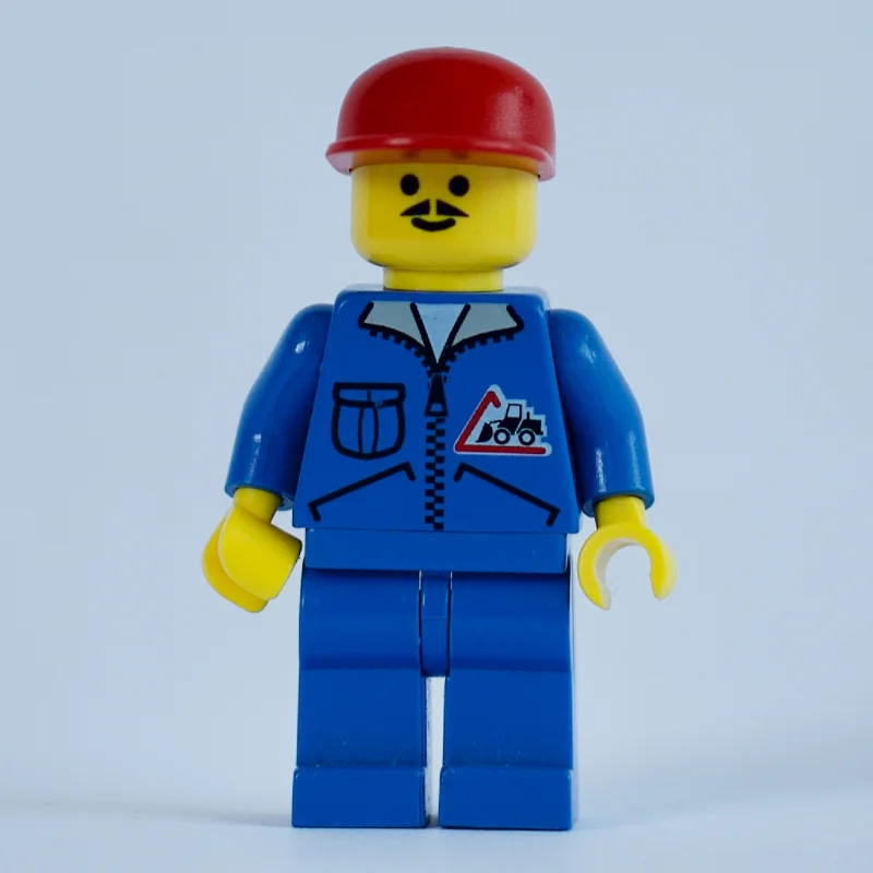 Construction Worker, Blue Jacket with Zipper and Bulldozer Badge, Blue Legs, Red Cap, Moustache
