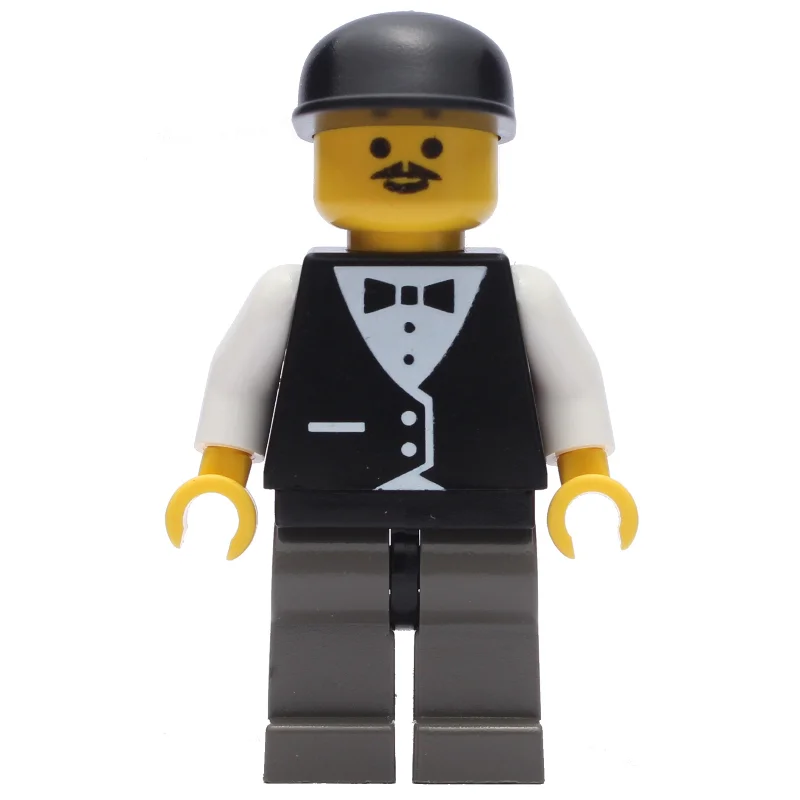Man, Black Vest over White Shirt with Tie, Dark Gray Legs, Black Cap, Moustache