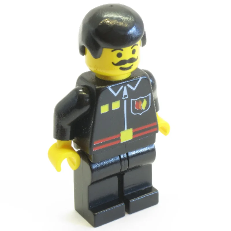 Fireman, Black Fire Jacket with Red Belt and Badge, Black Hair, Moustache