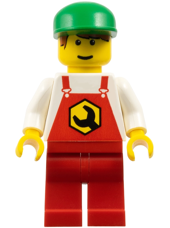 Mechanic, Red Overalls, Green Cap, Printed Hair