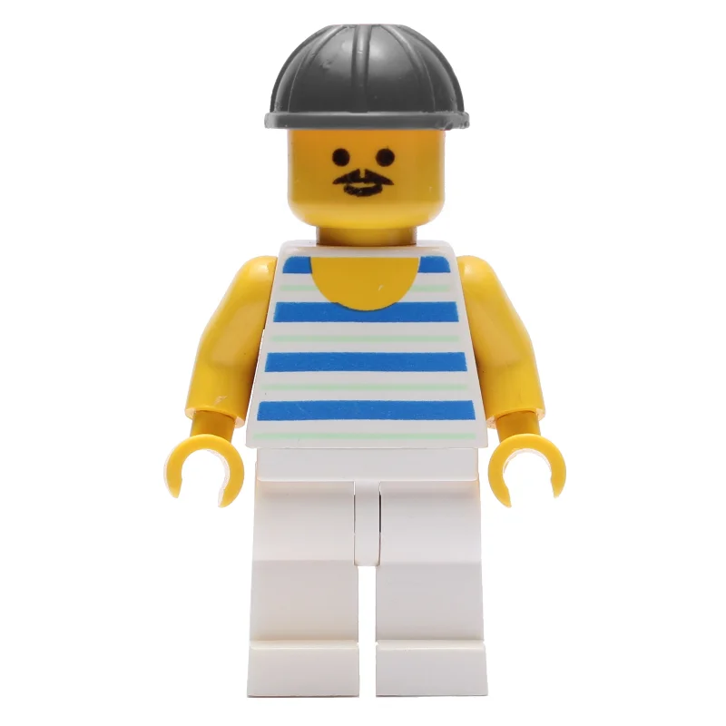 Man, Blue and White Striped Tank Top, Black Hard Hat, Moustache
