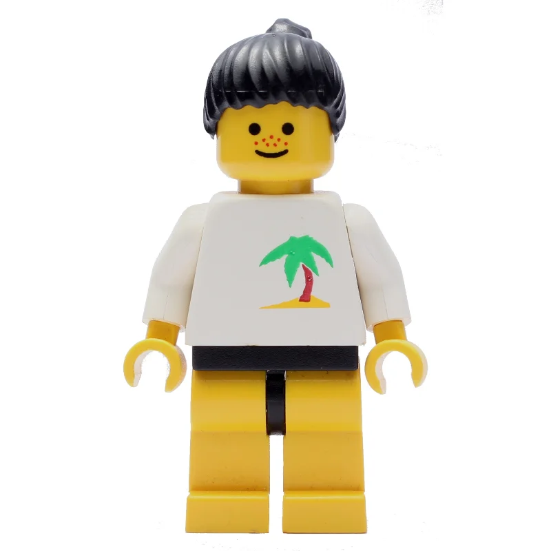 Woman, White Top with Desert Island, Yellow Legs, Black Hair