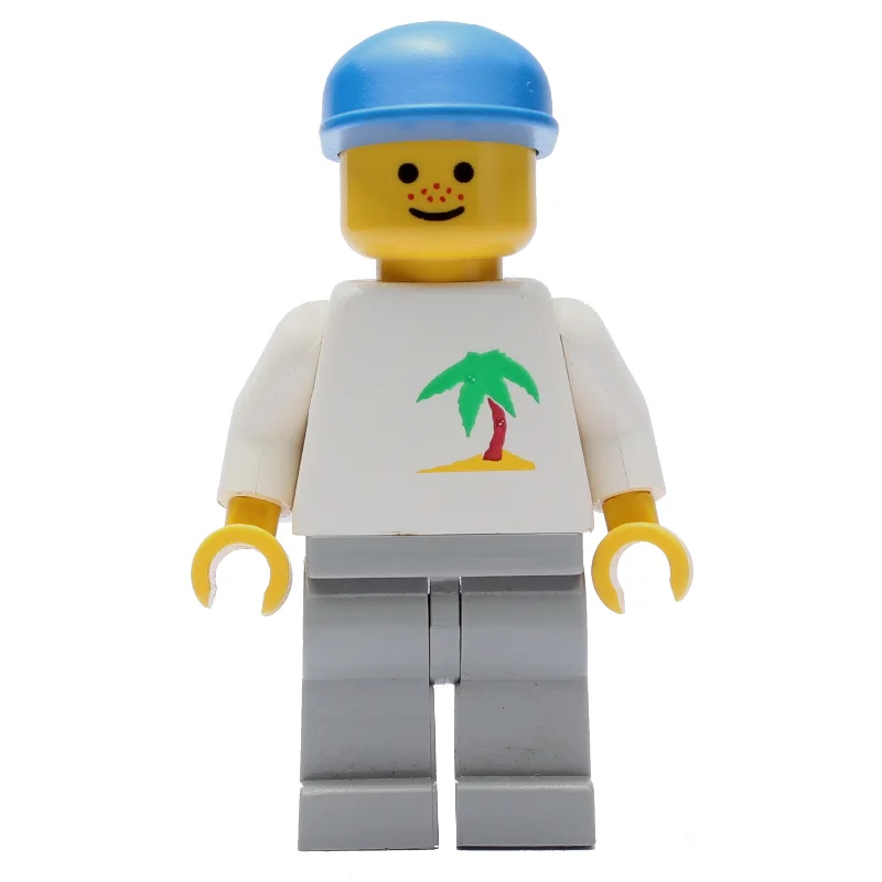 Man, White Top with Desert Island, Light Gray Legs, Blue Cap