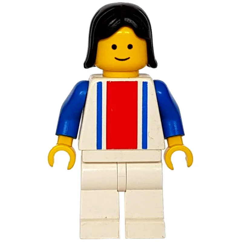 Woman, White Top with Large Red Stripe and 2 Blue Stripes, White Legs, Black Hair