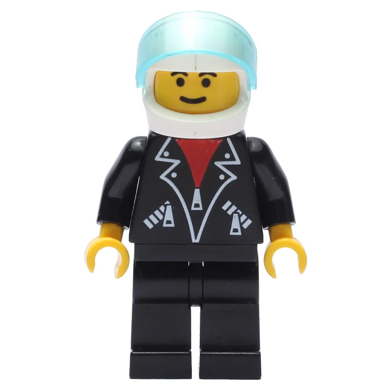 Man, Open Black Jacket over Red Shirt, Black Legs, Helmet and Visor