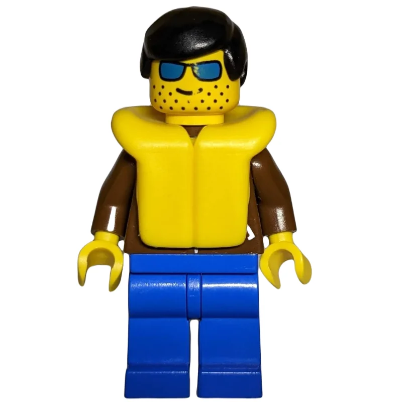 Man, Brown Jacket, Blue Legs, Black Hair, Yellow Life Vest, Blue Sunglasses