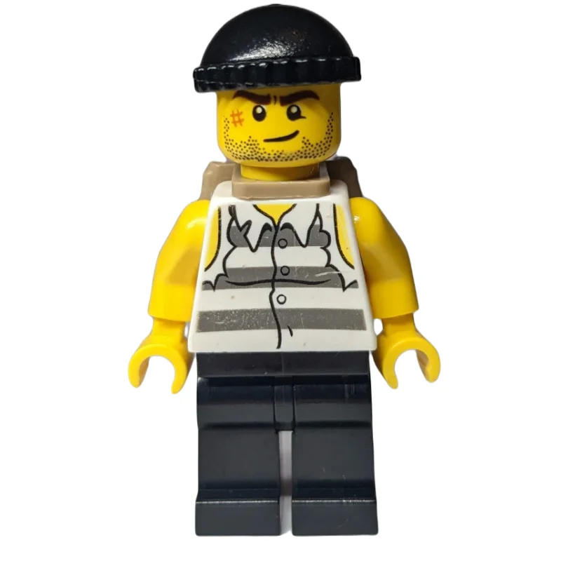 Criminal, Torn Prison Shirt, Black Legs, Black Hat, Dark Tan Backpack, Stubble and Scar