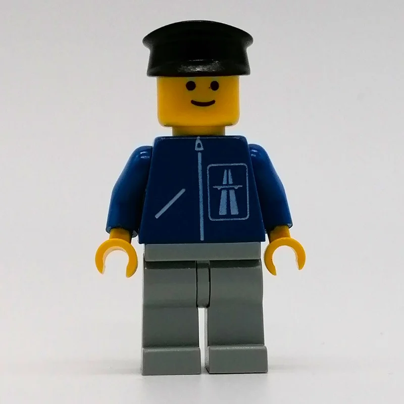 Man, Blue Jacket with Highway Logo, Light Gray Legs, Black Hat