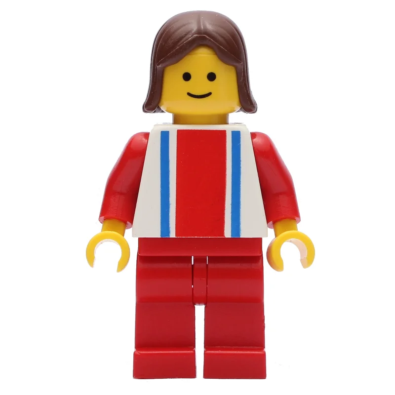 Woman, White Top with Large Red Stripe and 2 Blue Stripes, Red Legs, Brown Hair