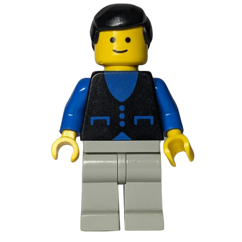 Man, Black Vest over Blue Shirt, Light Gray Legs, Black Hair