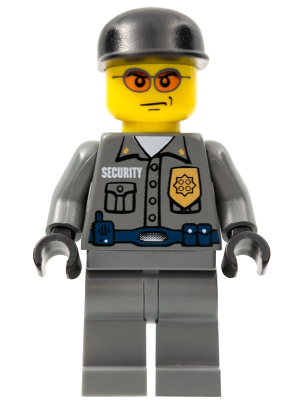 Security Guard Dark Bluish Gray Shirt with Badge, Black Cap, Orange Sunglasses