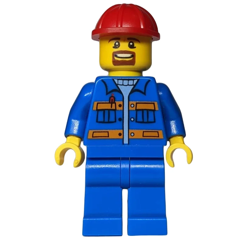 Worker - Blue Torso, Blue Legs, Red Helmet, Beard