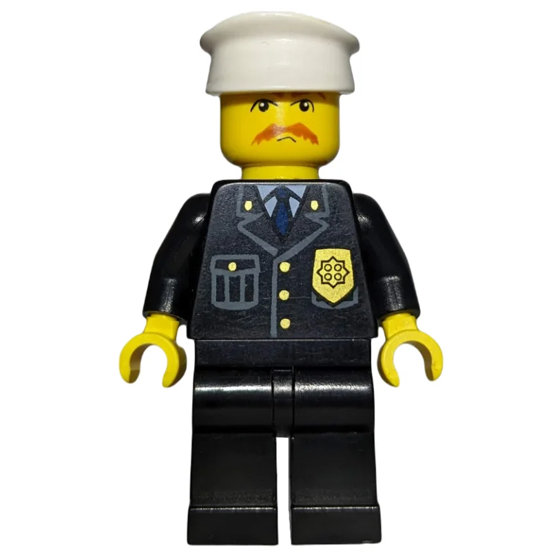 Policeman, Black Suit with Badge, White Hat, Mustache and Glasses