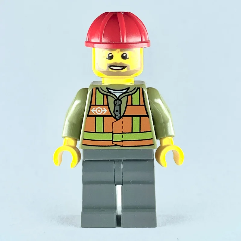 Train Worker, Orange Safety Vest with Train Logo over Olive Green Hoodie, Dark Bluish Gray Legs, Red Hard Hat, Beard