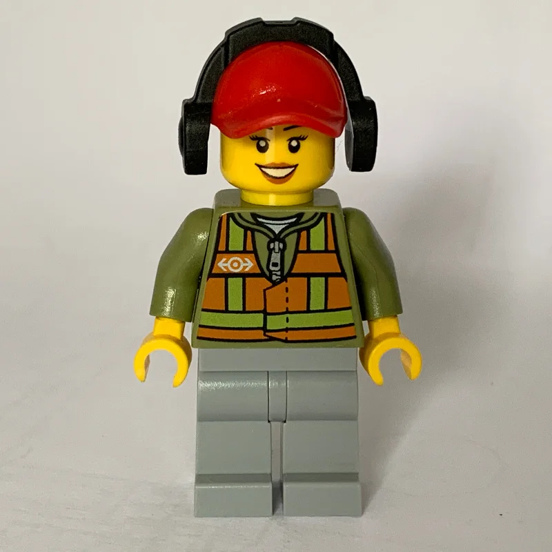 Train Worker, Woman, Orange Safety Vest with Train Logo over Olive Green Hoodie, Light Bluish Gray Legs, Red Cap with Ear Defenders