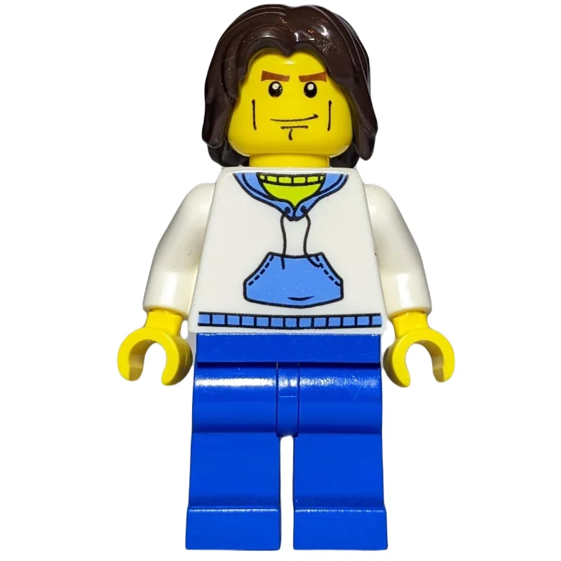 Man, White and Blue Hoodie, Blue Legs, Dark Brown Hair