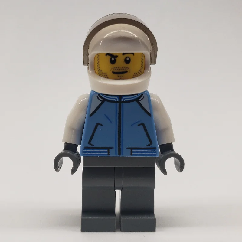 Pilot, Medium Blue Jacket, Dark Bluish Gray Legs, White Helmet with Visor, Stubble