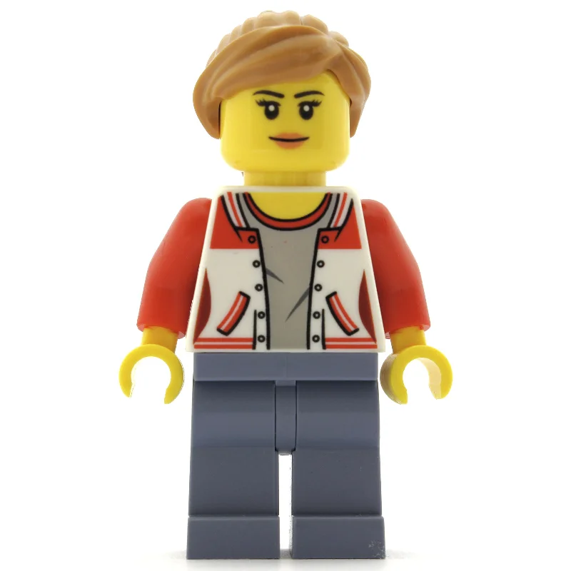 Woman, Red and White Letterman Jacket, Sand Blue Legs, Medium Nougat Hair