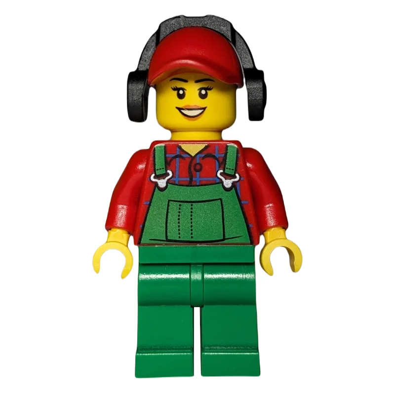 Woman, Green Overalls over Red Paid Shirt, Red Cap with Ear Defenders