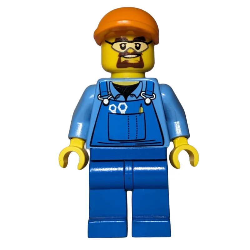 Man, Blue Overalls over Shirt, Blue Legs, Orange Cap, Safety Glasses and Goatee Beard
