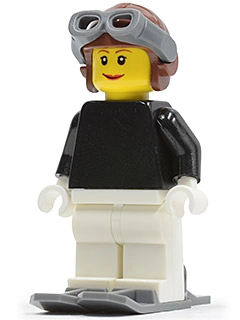 Black Torso, White Legs, Reddish Brown Aviator Cap, Skis, Female