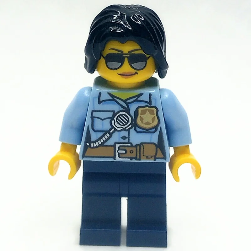 Policewoman, Bright Light Blue Shirt with Radio and Badge, Dark Blue Legs, Black Hair, Sunglasses