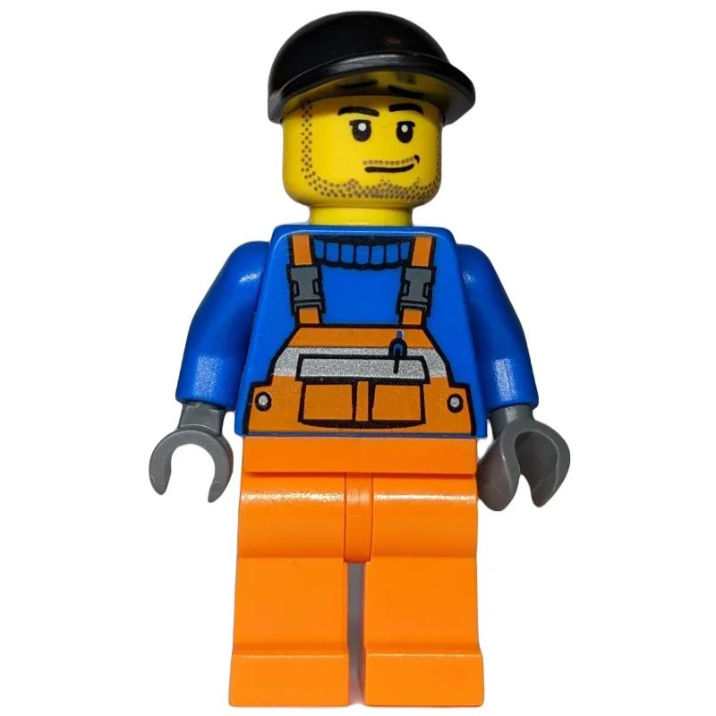 Ground Crew, Orange Overalls over Blue Sweater, Black Cap, Stubble