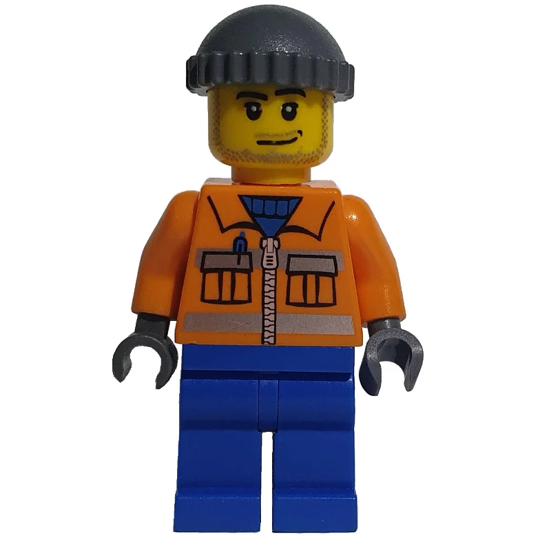 Ground Crew, Orange Jacket with Zipper and Reflective Stripes, Blue Legs, Dark Bluish Gray Hat, Stubble