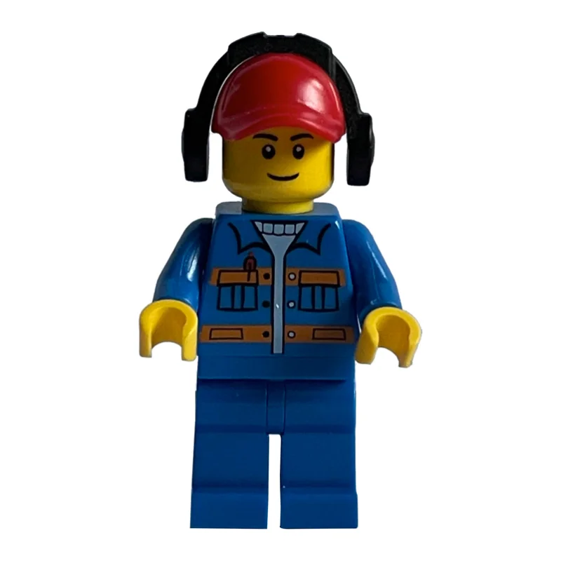 Ground Crew, Blue Jacket with Orange Stripes, Red Cap with Ear Defenders