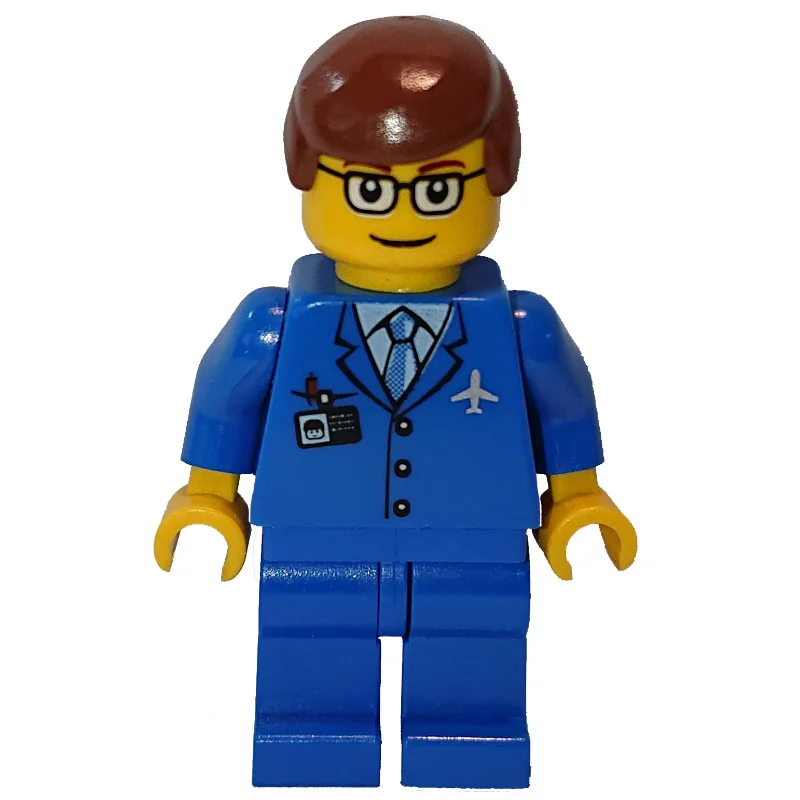 Airline Worker, Blue Suit with Tie and Plane Logo, Reddish Brown Hair, Glasses