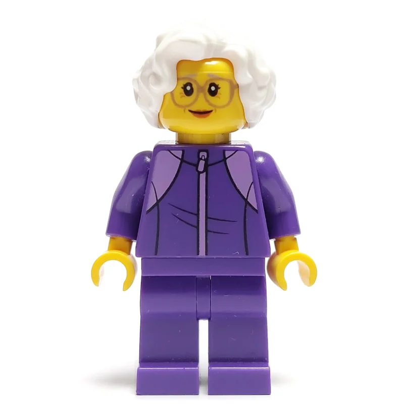 Woman, Dark Purple Jogging Suit, White Hair, Large Glasses