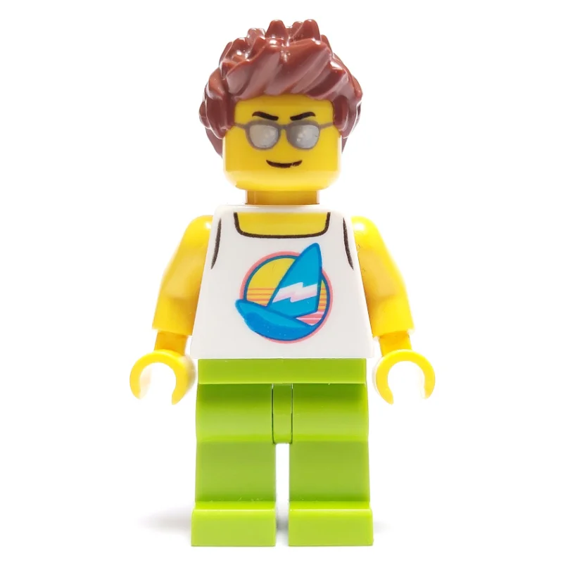 Man, White Tank Top with Windsurfer, Lime Legs, Reddish Brown Hair, Silver Sunglasses