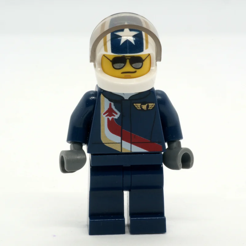 Pilot, Dark Blue Jumpsuit with Plane and Wings Badge, White Helmet with Stars and Visor, Sunglasses