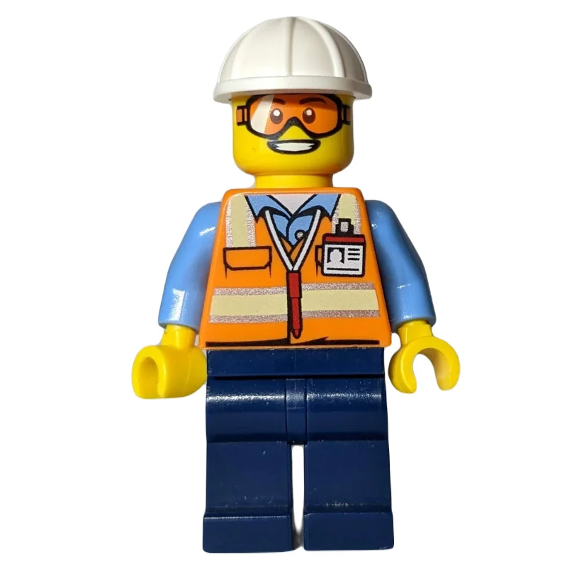 Ground Crew, Orange Safety Vest, Dark Blue Legs, White Hard Hat, Orange Safety Goggles