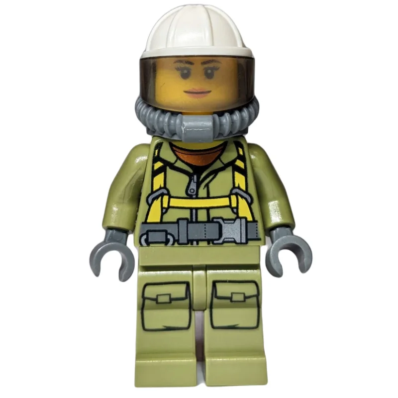 Volcano Explorer, Woman, Olive Green Jumpsuit with Straps, White Hard Hat with Visor, Breathing Apparatus, Airtanks