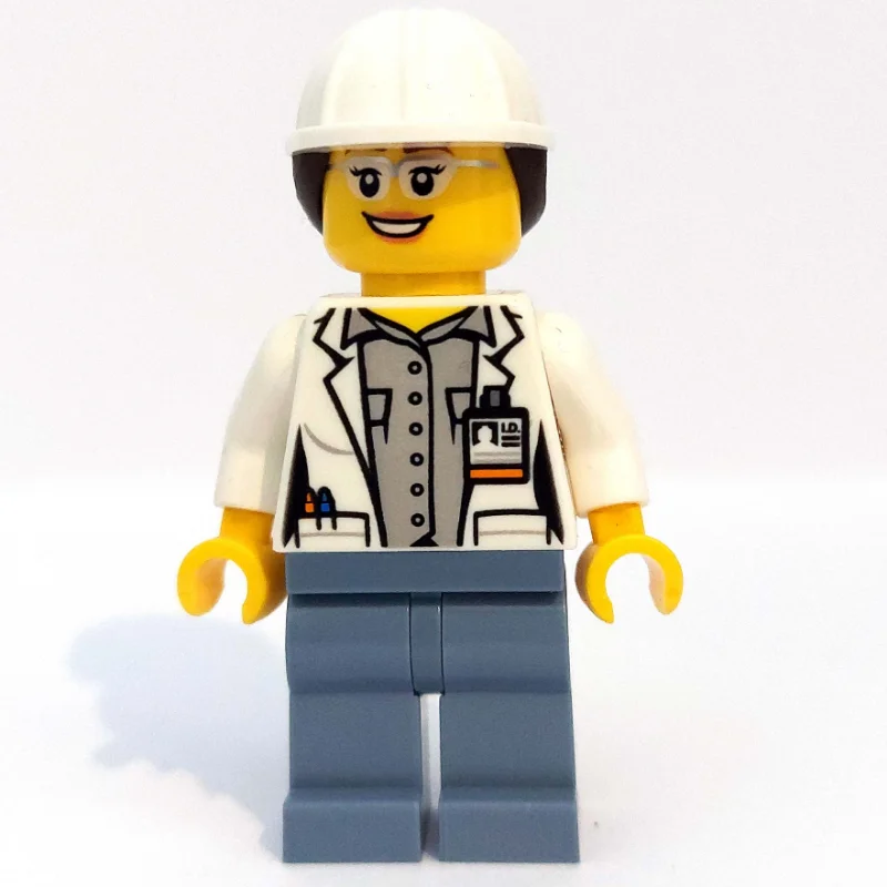 Volcano Explorer Scientist, Woman, Open White Lab Coat, Sand Blue Legs, White Hard Hat with Hair