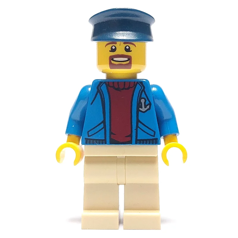 Ship Captain, Open Blue Jacket with Anchor over Dark Red Sweater, Tan Legs, Dark Blue Hat, Goatee Beard